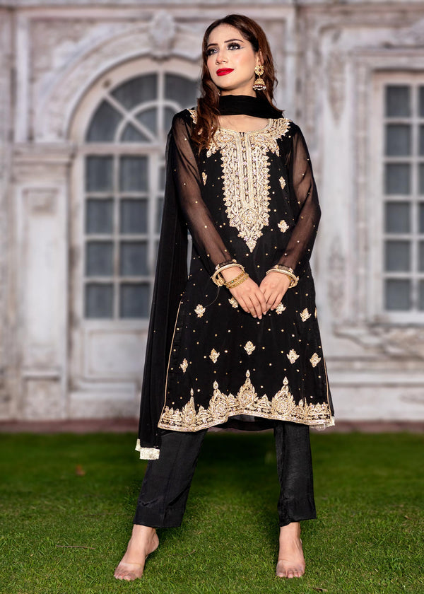 3PC Embroidered Chiffon Party Suit – Eastern Black (Ready to Wear)