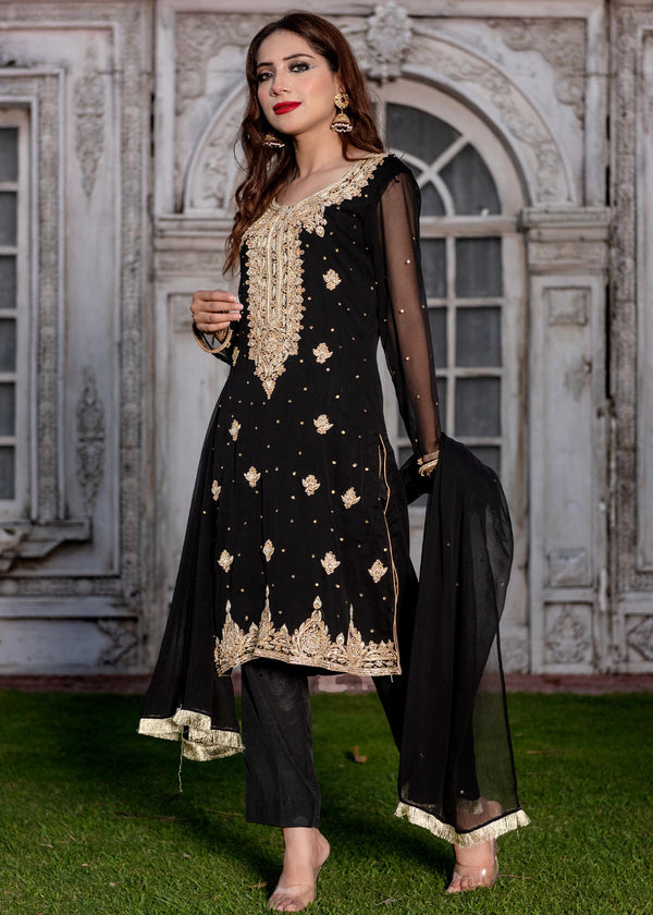 3PC Embroidered Chiffon Party Suit – Eastern Black (Ready to Wear)