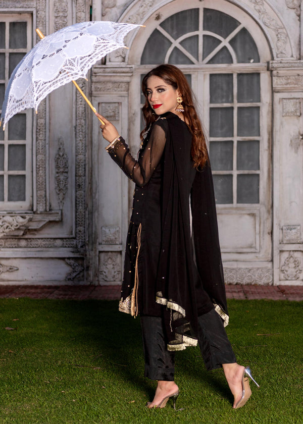 3PC Embroidered Chiffon Party Suit – Eastern Black (Ready to Wear)