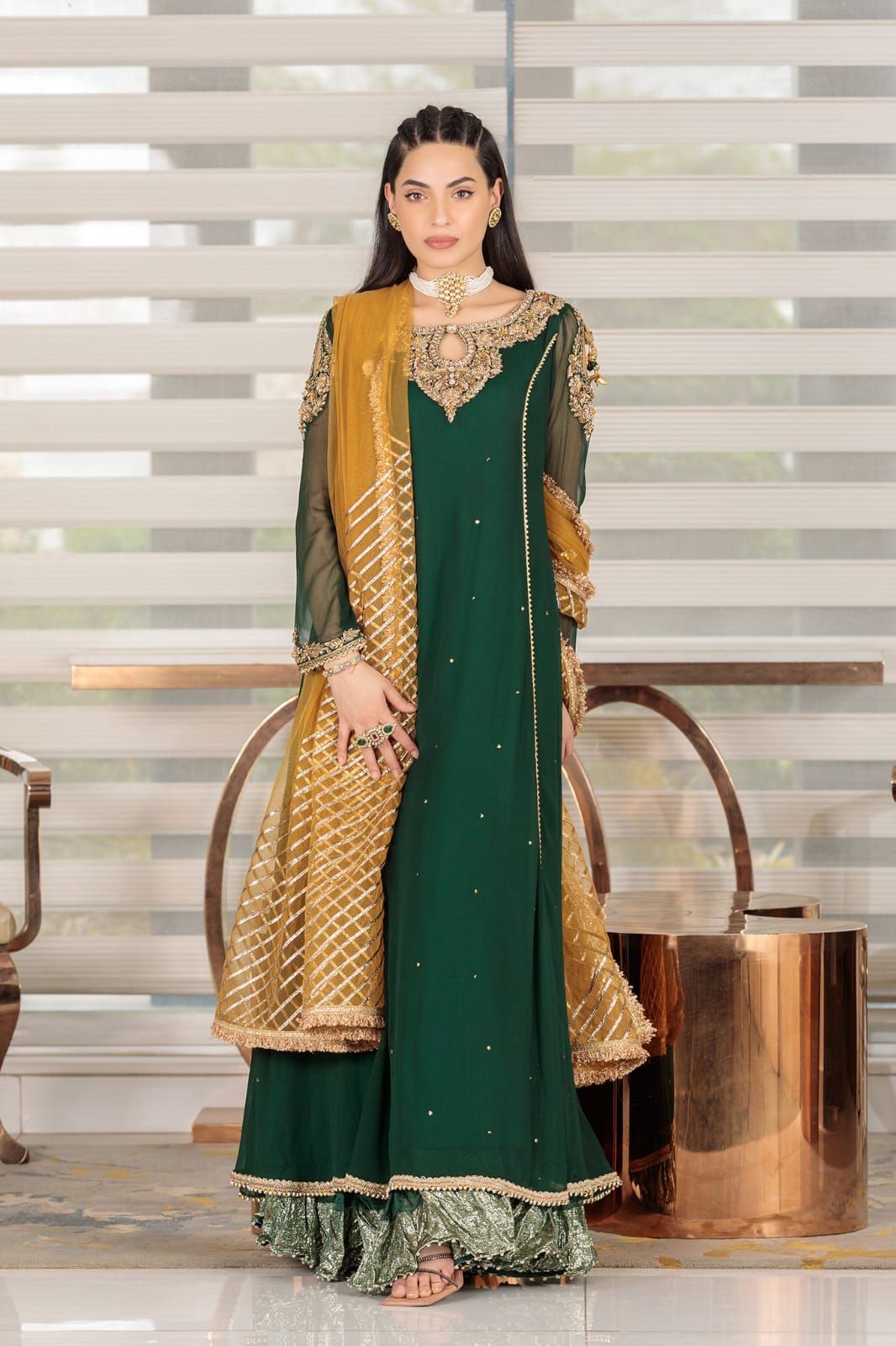 3 Piece Ready to Wear Luxury Embroidered Chiffon Sharara Set