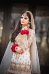 3 piece Ready to Wear Elegant White Nikah Dress with Organza Shirt, Net Gharara & Dupatta