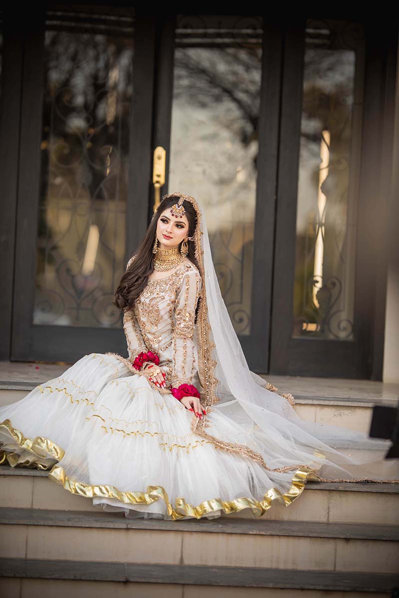 3 piece Ready to Wear Elegant White Nikah Dress with Organza Shirt, Net Gharara & Dupatta