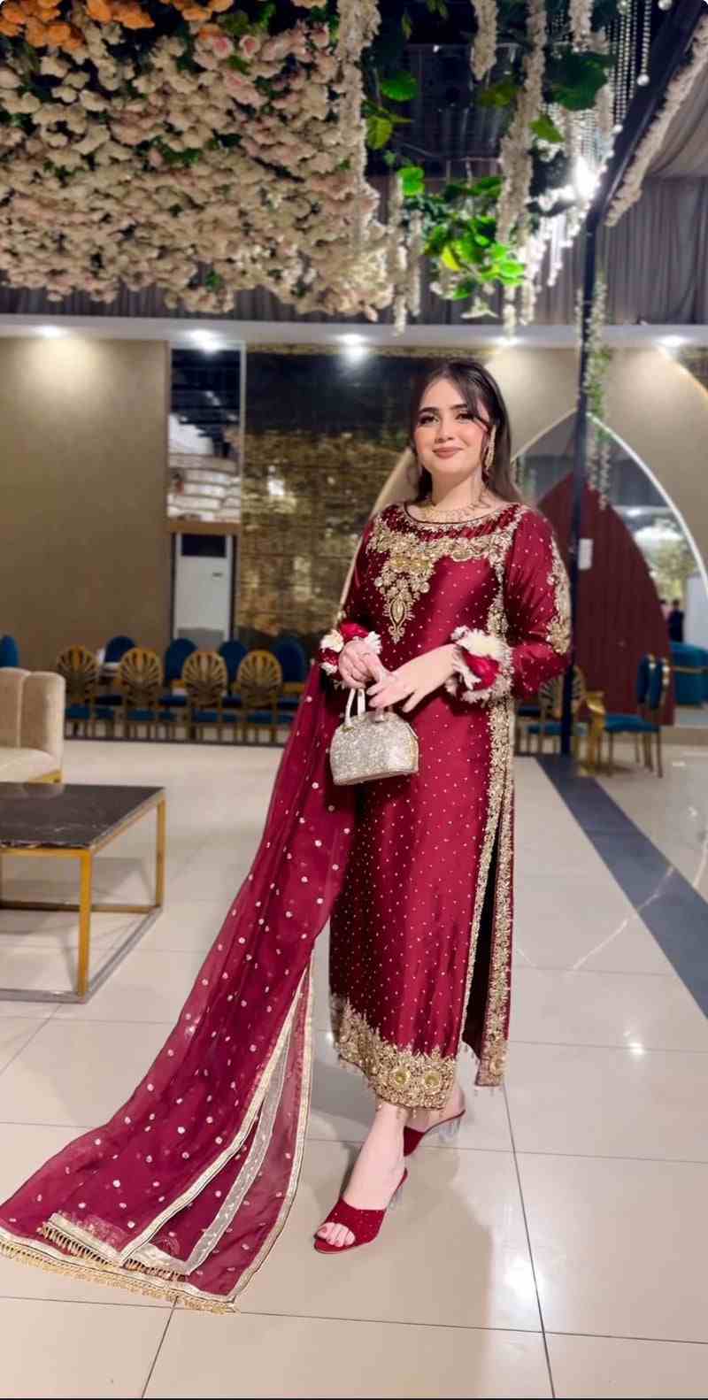 3PC Dabka Embellished Long Shirt Dress – Laal Bahaar