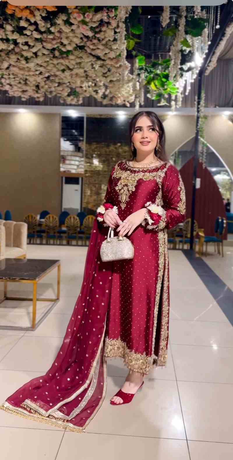3PC Dabka Embellished Long Shirt Dress – Laal Bahaar