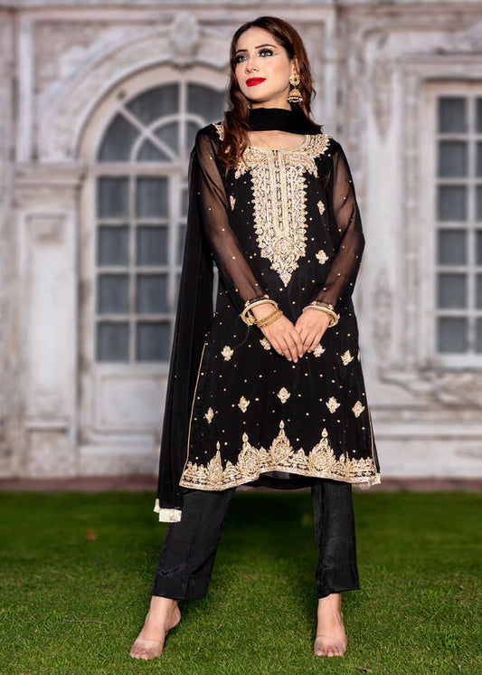 3PC Embroidered Chiffon Party Suit – Eastern Black (Ready to Wear)
