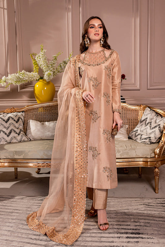 3PC Ready-to-Wear Embroidered Raw Silk Dress – Light Copper