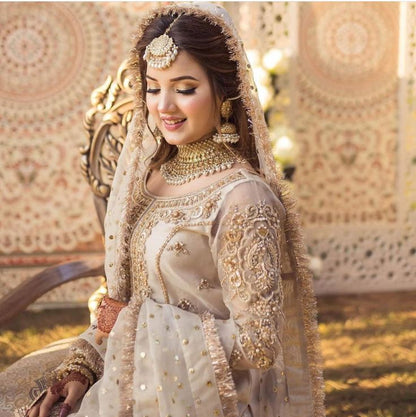 3 Piece Embroidered Ready to Wear Nikkah Dress with Organza Shirt, Masoori Gharara & Dupatta