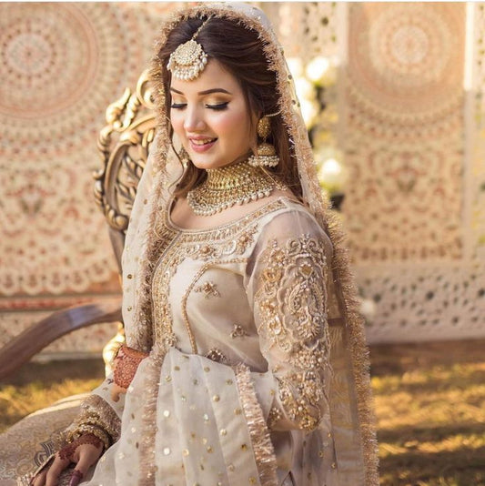 3 Piece Embroidered Ready to Wear Nikkah Dress with Organza Shirt, Masoori Gharara & Dupatta