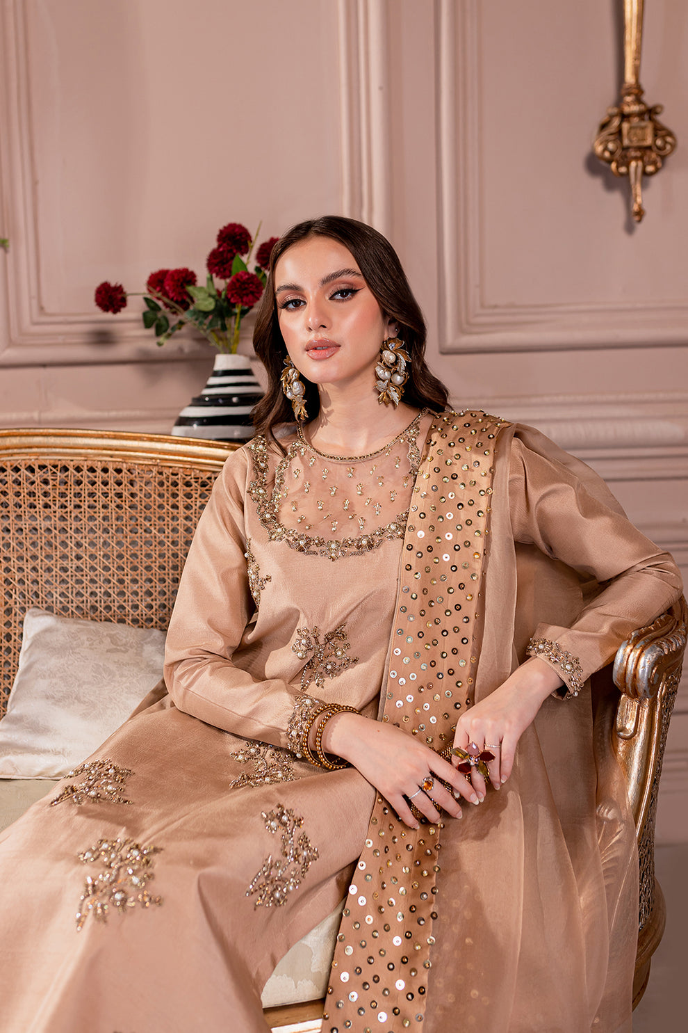 3PC Ready-to-Wear Embroidered Raw Silk Dress – Light Copper