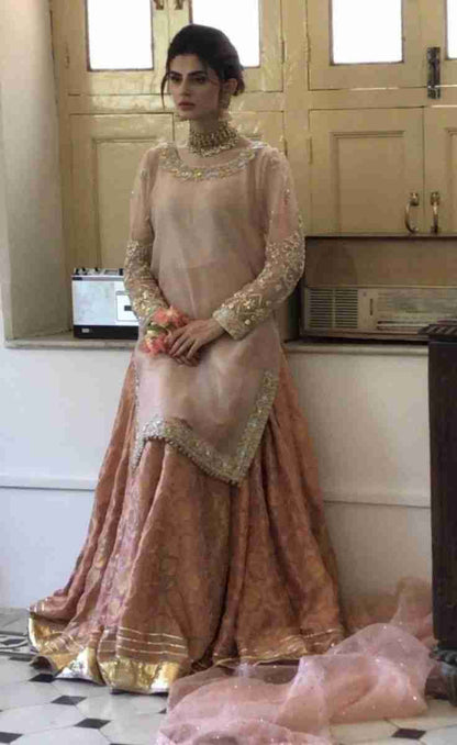 3PC Ready-to-Wear Embroidered Organza Shirt with Jamawar Sharara – Pink & Peach Elegance