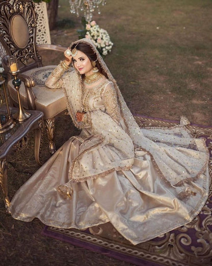 3 Piece Embroidered Ready to Wear Nikkah Dress with Organza Shirt, Masoori Gharara & Dupatta
