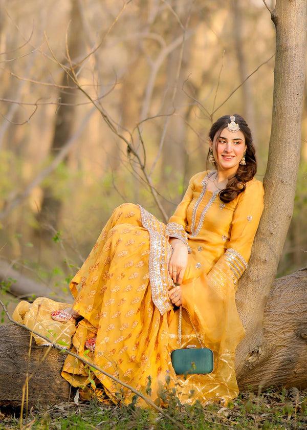 Pure Handmade Saffron Gharara Set – Perfect Bridal wear (Mayaon Dress)