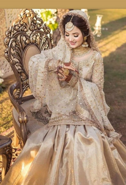 3 Piece Embroidered Ready to Wear Nikkah Dress with Organza Shirt, Masoori Gharara & Dupatta