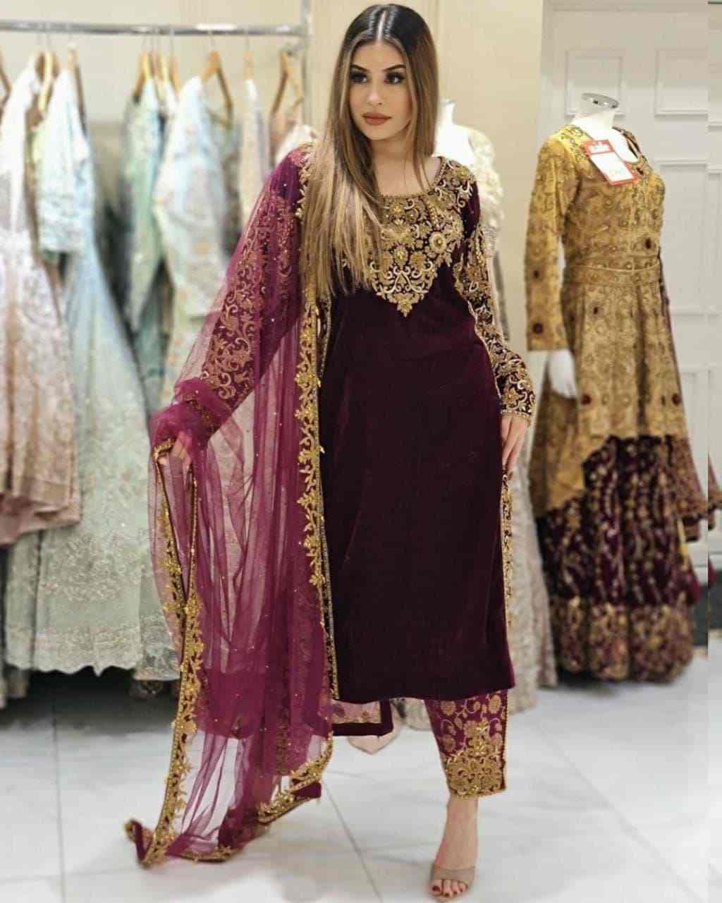 3PC Ready-to-Wear Embroidered Velvet Dress – Maroon