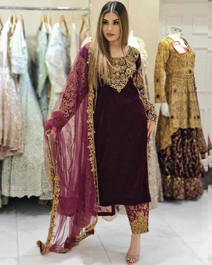 3PC Ready-to-Wear Embroidered Velvet Dress – Maroon