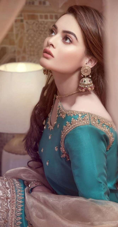 3PC Premium Embroidered Raw Silk Suit – C Green
