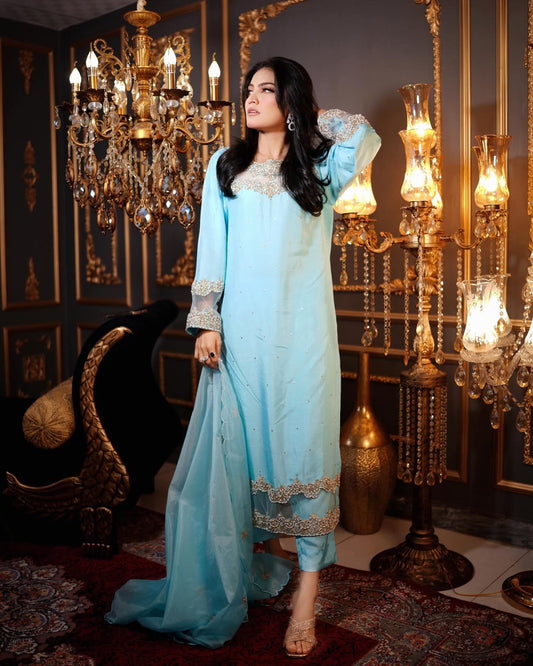 3PC Ready-to-Wear Raw Silk Dress – Electric Blue