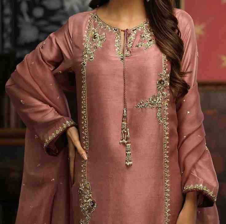 3PC Ready-to-Wear Embroidered Raw Silk Suit – Pink