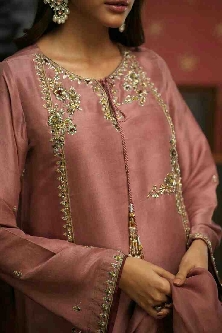 3PC Ready-to-Wear Embroidered Raw Silk Suit – Pink