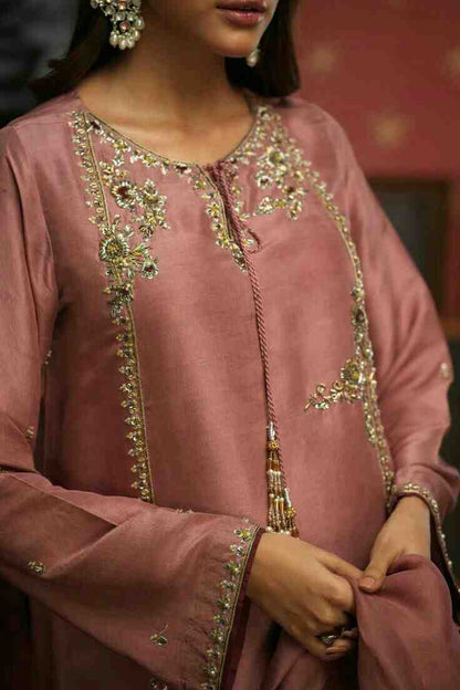 3PC Ready-to-Wear Embroidered Raw Silk Suit – Pink