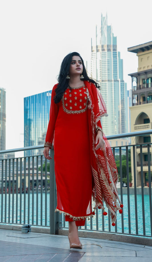 Hand Embroidered Crinkle Chiffon 3-Piece Ready to Wear Dress