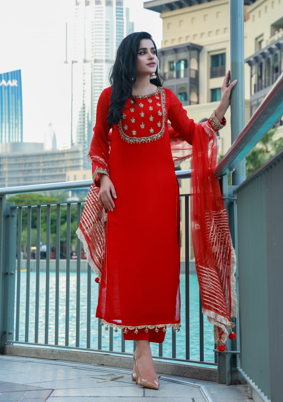 Hand Embroidered Crinkle Chiffon 3-Piece Ready to Wear Dress