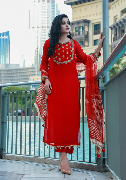 Hand Embroidered Crinkle Chiffon 3-Piece Ready to Wear Dress