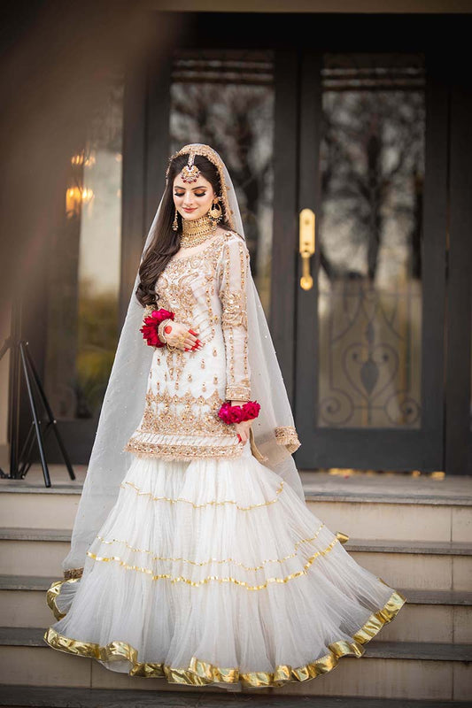 3 piece  Ready to Wear Elegant White Nikah Dress  with  Organza Shirt, Net Gharara & Dupatta