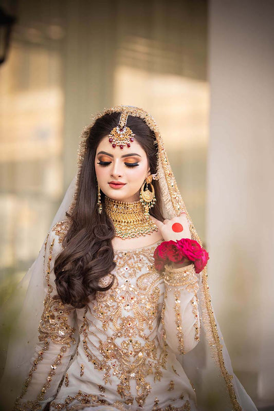 3 piece  Ready to Wear Elegant White Nikah Dress  with  Organza Shirt, Net Gharara & Dupatta