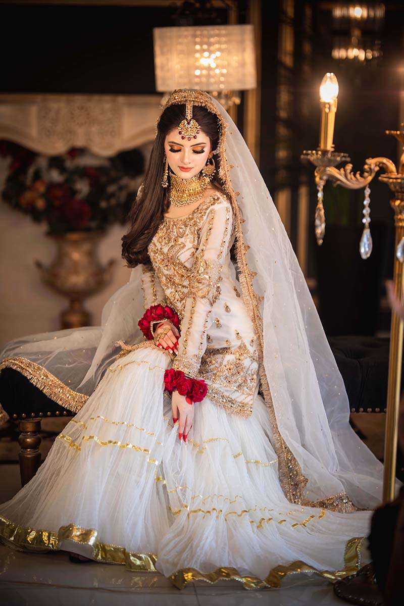 3 piece  Ready to Wear Elegant White Nikah Dress  with  Organza Shirt, Net Gharara & Dupatta
