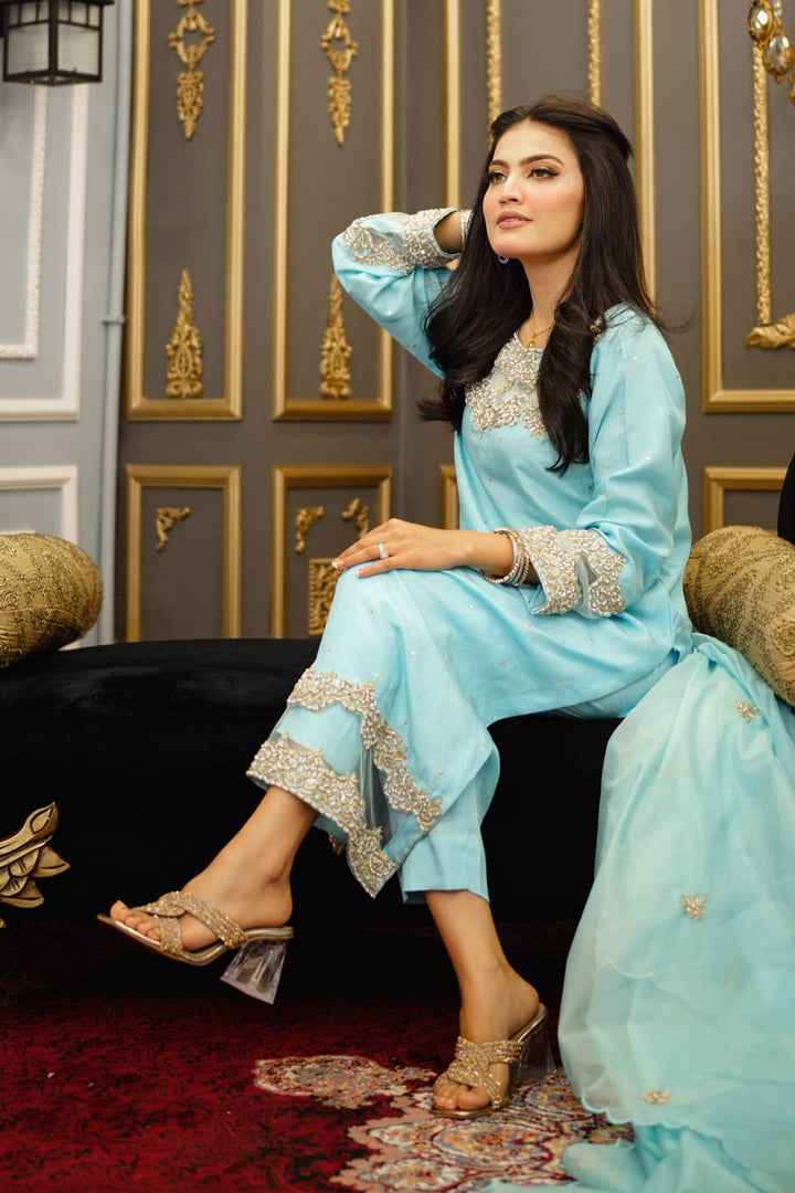 3PC Ready-to-Wear Raw Silk Dress – Electric Blue