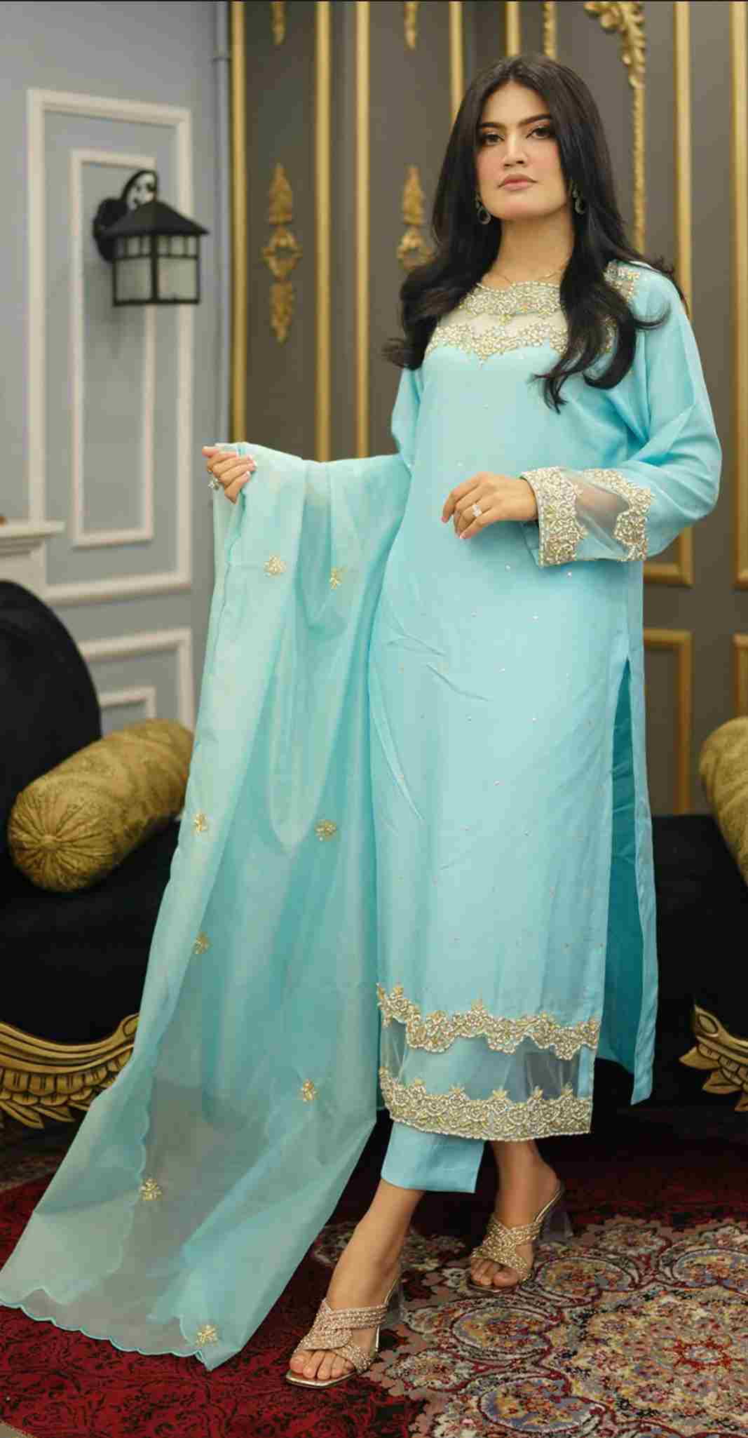 3PC Ready-to-Wear Raw Silk Dress – Electric Blue