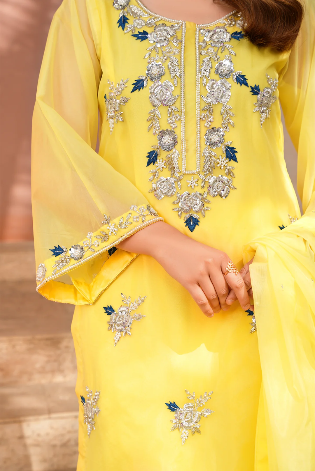 3PC Ready-to-Wear Pure Organza  Dress with Hand Embellished Adda Work