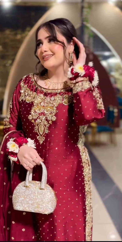 3PC  Dabka Embellished Long Shirt Dress – Laal Bahaar