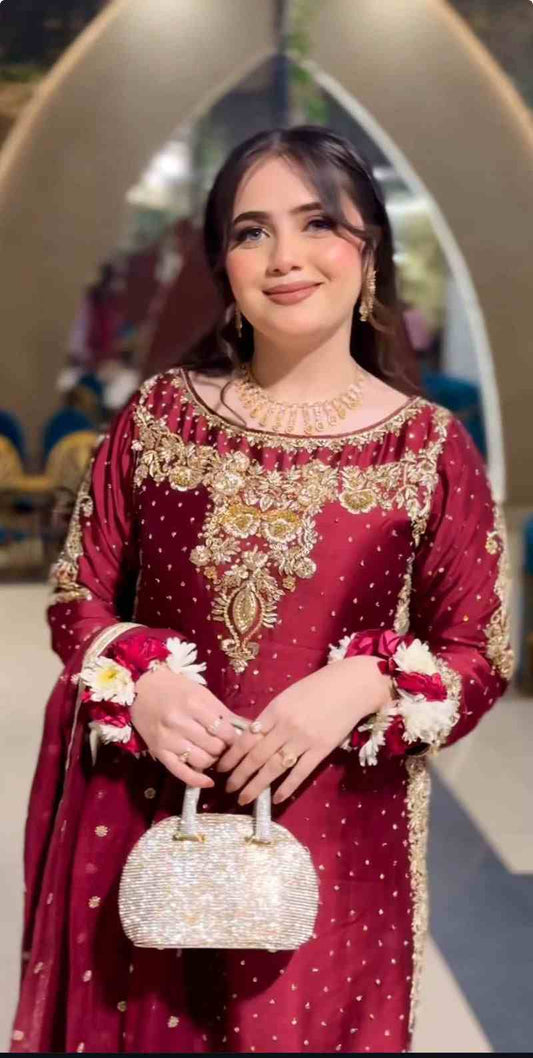 3PC  Dabka Embellished Long Shirt Dress – Laal Bahaar