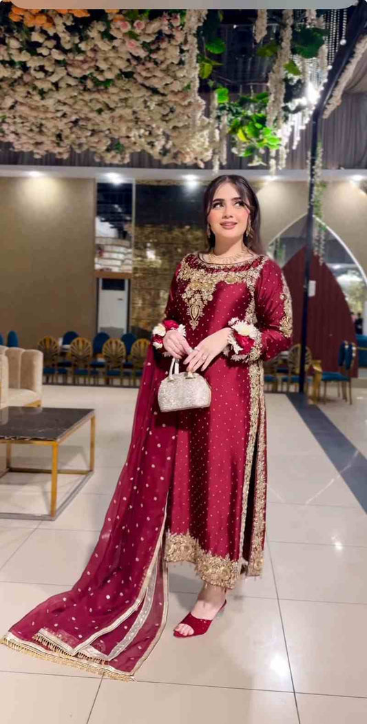 3PC  Dabka Embellished Long Shirt Dress – Laal Bahaar