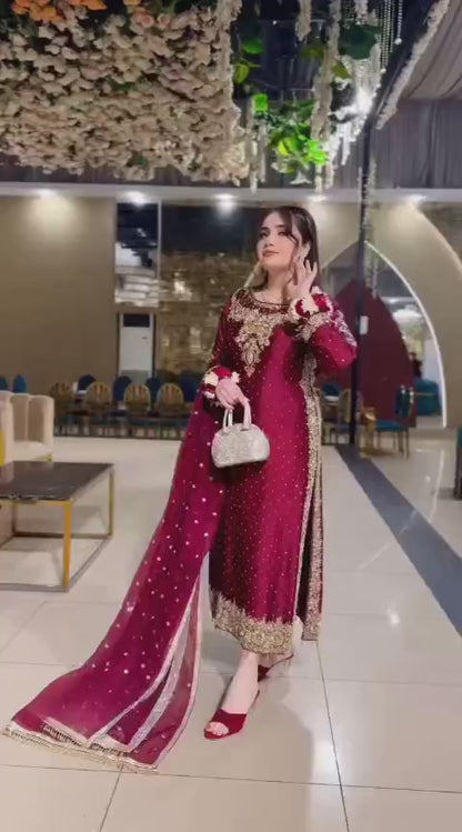 3PC  Dabka Embellished Long Shirt Dress – Laal Bahaar