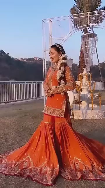 Orange Sharara Shirt Bridal Pakistani Mehndi Dresses