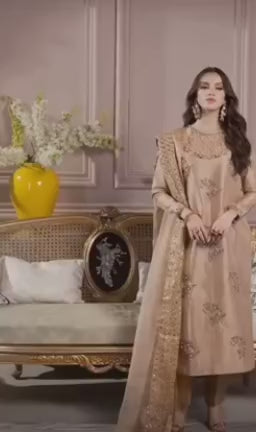 3PC Ready-to-Wear Embroidered Raw Silk Dress – Light Copper