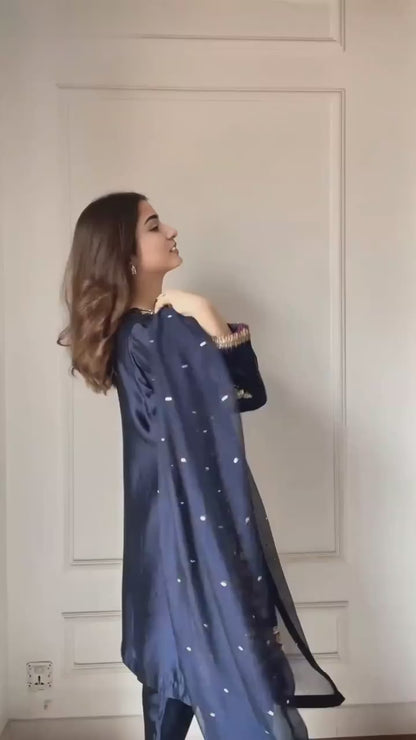 3PC Embroidered Shalwar Kameez – Dark Blue (Ready to Wear)