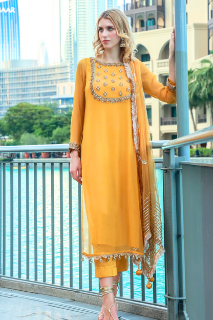 Hand Embroidered Crinkle Chiffon 3-Piece Ready to Wear Dress